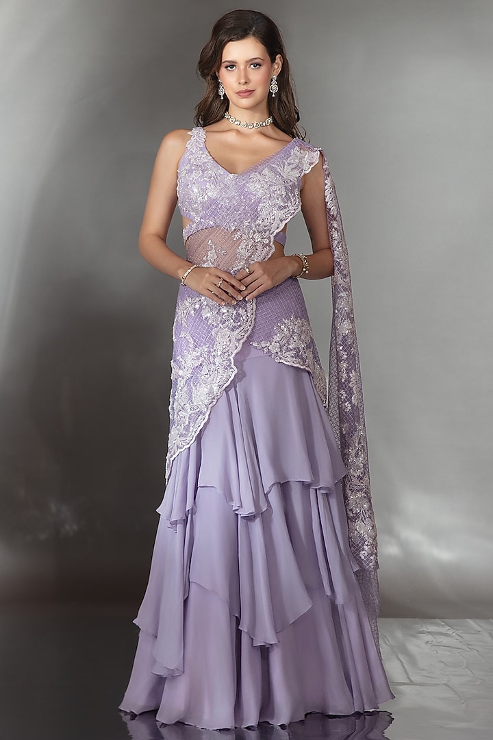 Lilac Silk Sequin Embroidered Wedding Lehenga Saree Set by Saaj By Ankita at Pernia's Pop Up Shop