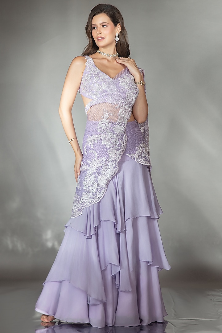 Lilac Silk Sequin Embroidered Wedding Lehenga Saree Set by Saaj By Ankita at Pernia's Pop Up Shop