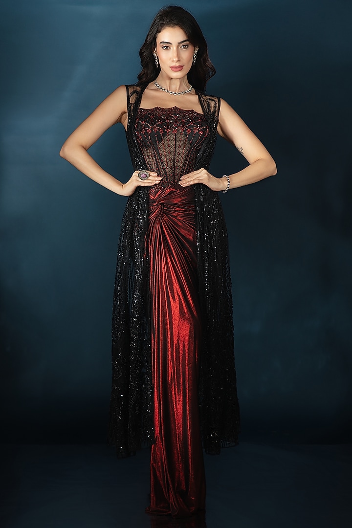 Black Knit Crystal Embroidered Corset Draped Engagement Gown by Saaj By Ankita at Pernia's Pop Up Shop