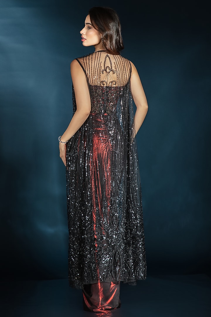 Black Knit Crystal Embroidered Corset Draped Engagement Gown by Saaj By Ankita at Pernia's Pop Up Shop