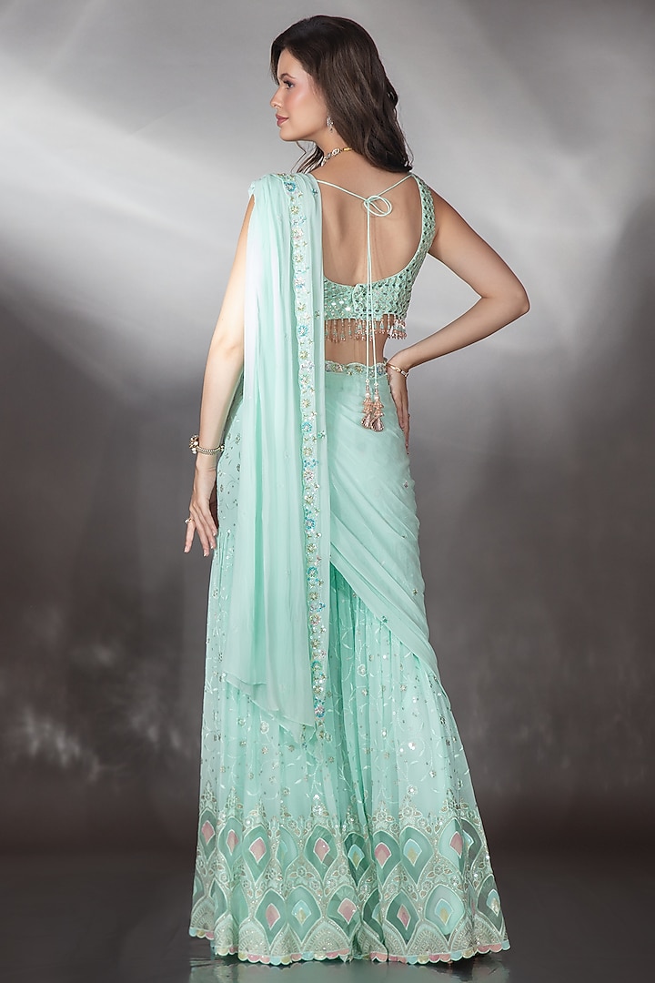 Turquoise Georgette Metallic Sequin Embroidered Sharara Wedding Saree Set by Saaj By Ankita at Pernia's Pop Up Shop