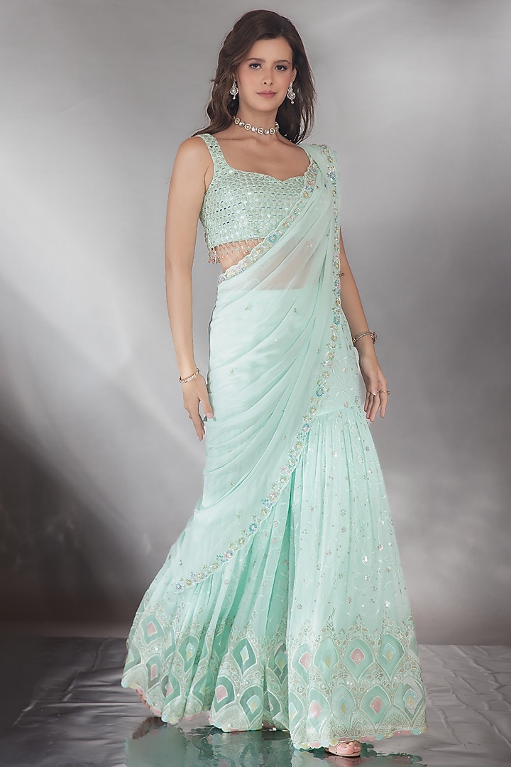 Turquoise Georgette Metallic Sequin Embroidered Sharara Wedding Saree Set by Saaj By Ankita at Pernia's Pop Up Shop