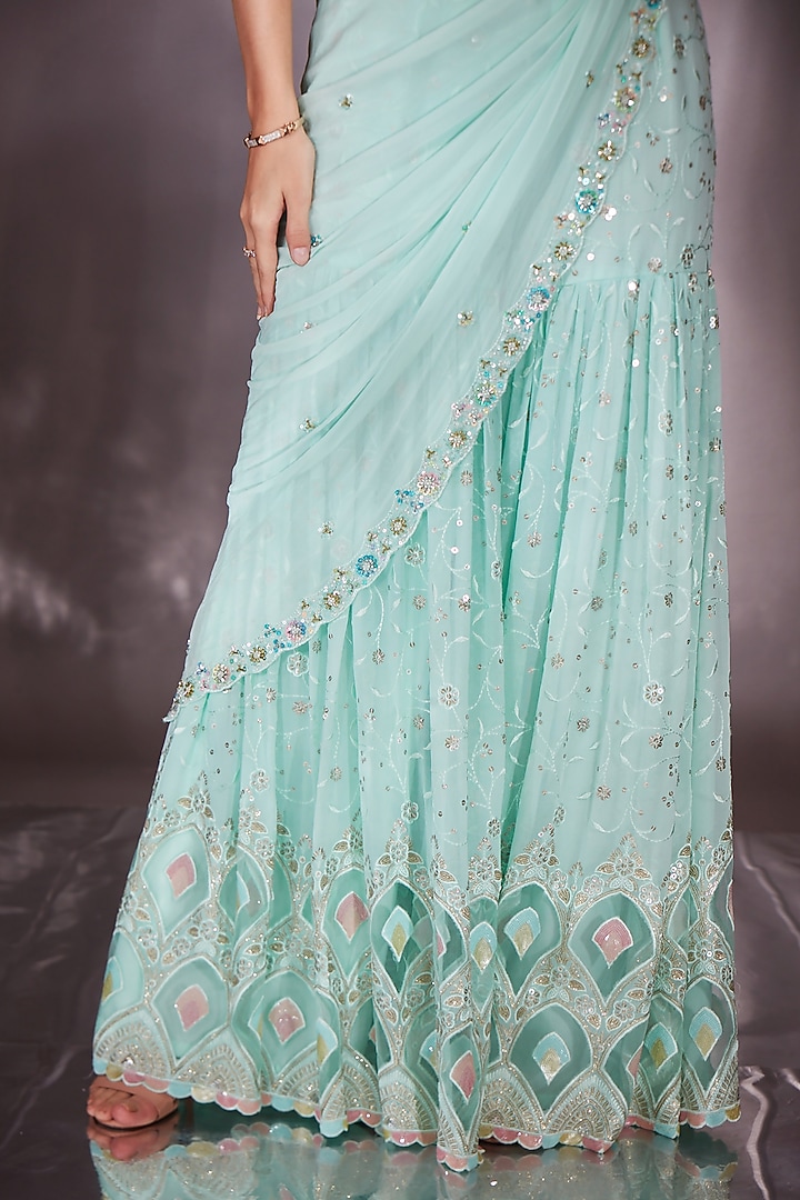 Turquoise Georgette Metallic Sequin Embroidered Sharara Wedding Saree Set by Saaj By Ankita at Pernia's Pop Up Shop