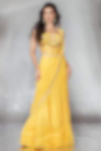 Mustard Georgette Crystal & Bead Embroidered Wedding Lehenga Saree Set by Saaj By Ankita at Pernia's Pop Up Shop