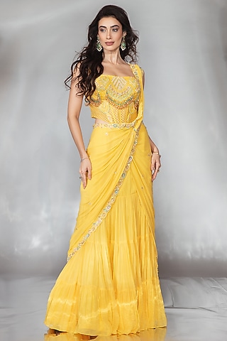 Mustard Georgette Crystal & Bead Embroidered Lehenga Saree Set by Saaj By Ankita