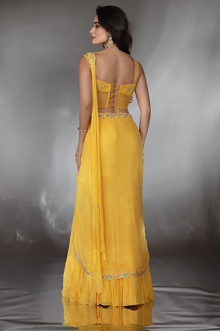 Mustard Georgette Crystal & Bead Embroidered Wedding Lehenga Saree Set by Saaj By Ankita at Pernia's Pop Up Shop