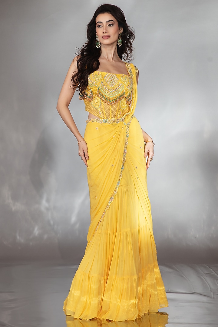 Mustard Georgette Crystal & Bead Embroidered Wedding Lehenga Saree Set by Saaj By Ankita at Pernia's Pop Up Shop