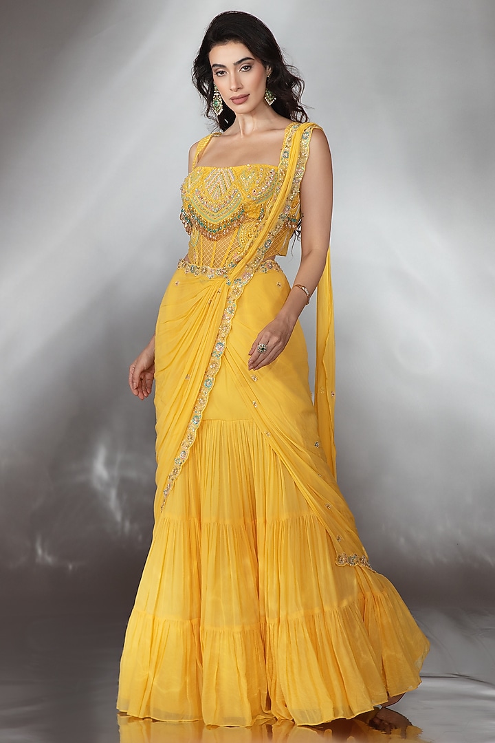 Mustard Georgette Crystal & Bead Embroidered Wedding Lehenga Saree Set by Saaj By Ankita at Pernia's Pop Up Shop