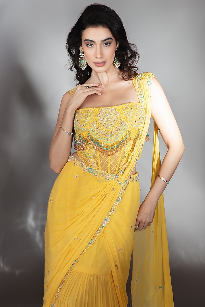 Mustard Georgette Crystal & Bead Embroidered Wedding Lehenga Saree Set by Saaj By Ankita at Pernia's Pop Up Shop