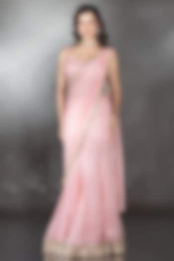 Blush Pink Metallic Jersey Sequin Embroidered Wedding Lehenga Saree Set by Saaj By Ankita at Pernia's Pop Up Shop