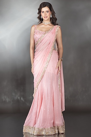 Blush Pink Metallic Jersey Sequin Embroidered Lehenga Saree Set by Saaj By Ankita