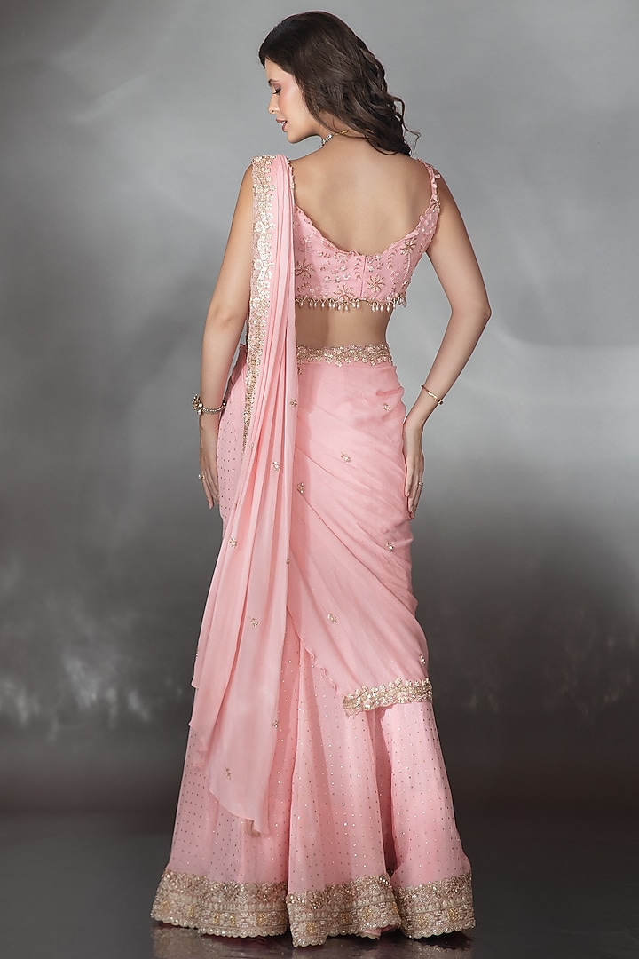 Blush Pink Metallic Jersey Sequin Embroidered Wedding Lehenga Saree Set by Saaj By Ankita at Pernia's Pop Up Shop