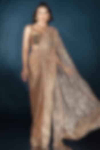 Nude Metallic Knit Draped Wedding Saree Set by Saaj By Ankita at Pernia's Pop Up Shop