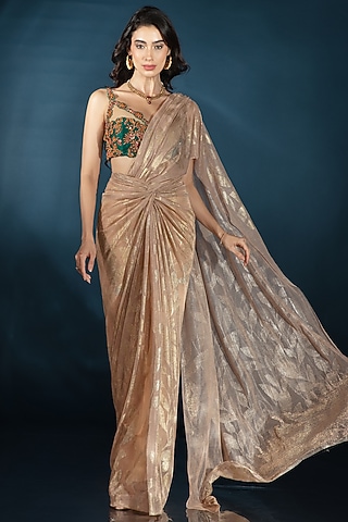 Nude Metallic Knit Draped Saree Set by Saaj By Ankita