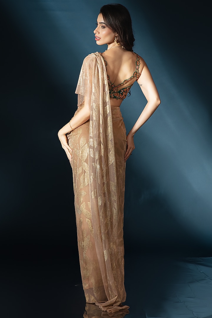 Nude Metallic Knit Draped Wedding Saree Set by Saaj By Ankita at Pernia's Pop Up Shop