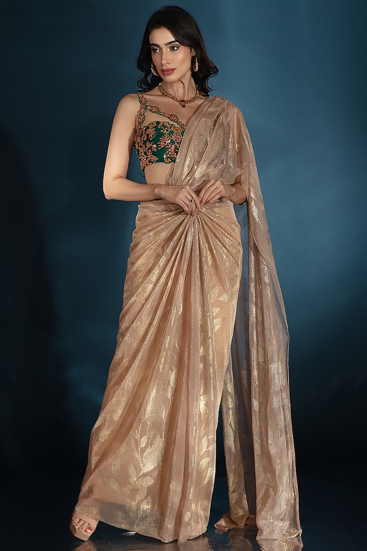 Nude Metallic Knit Draped Wedding Saree Set by Saaj By Ankita at Pernia's Pop Up Shop