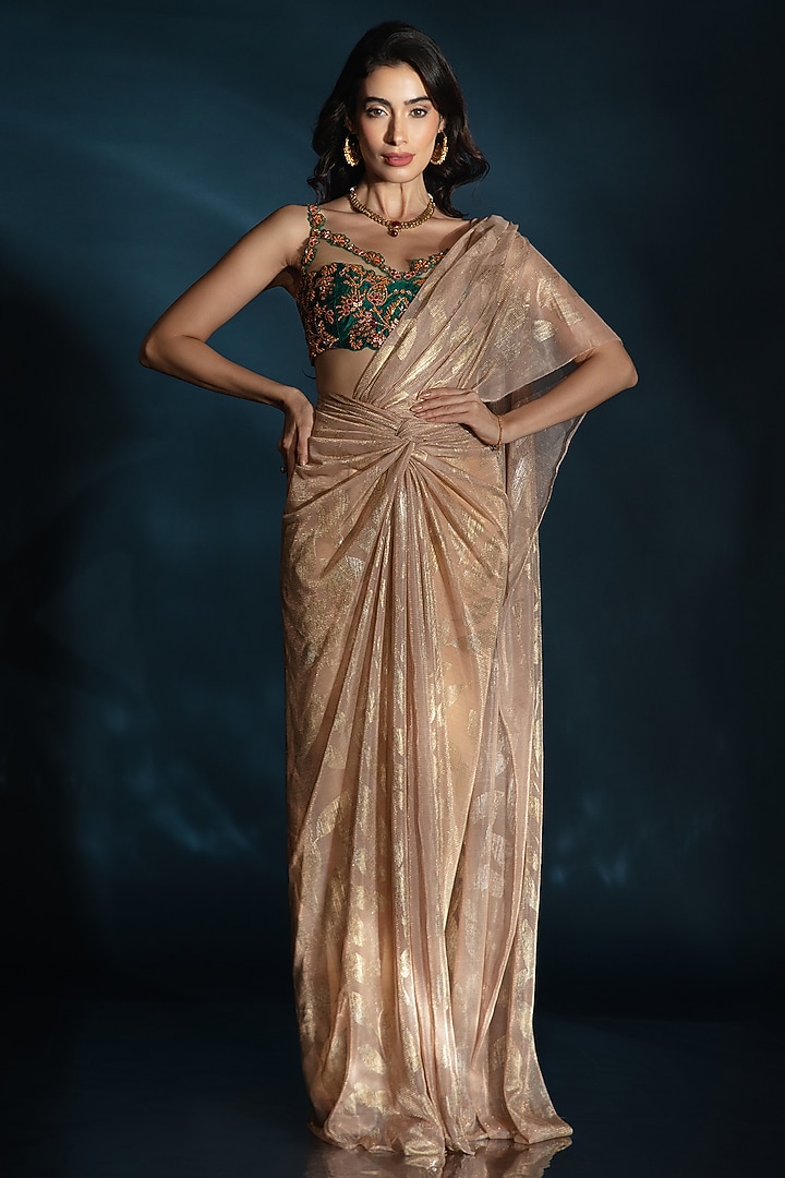 Nude Metallic Knit Draped Wedding Saree Set by Saaj By Ankita at Pernia's Pop Up Shop