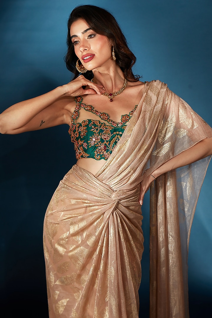 Nude Metallic Knit Draped Wedding Saree Set by Saaj By Ankita at Pernia's Pop Up Shop