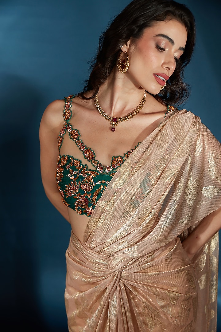 Nude Metallic Knit Draped Wedding Saree Set by Saaj By Ankita at Pernia's Pop Up Shop