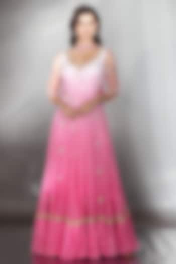 Fuchsia & Rose Pink Ombre Georgette Cutdana Embroidered Wedding Anarkali Set by Saaj By Ankita at Pernia's Pop Up Shop