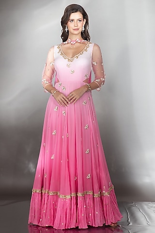 Fuchsia & Rose Pink Ombre Georgette Cutdana Embroidered Anarkali Set by Saaj By Ankita