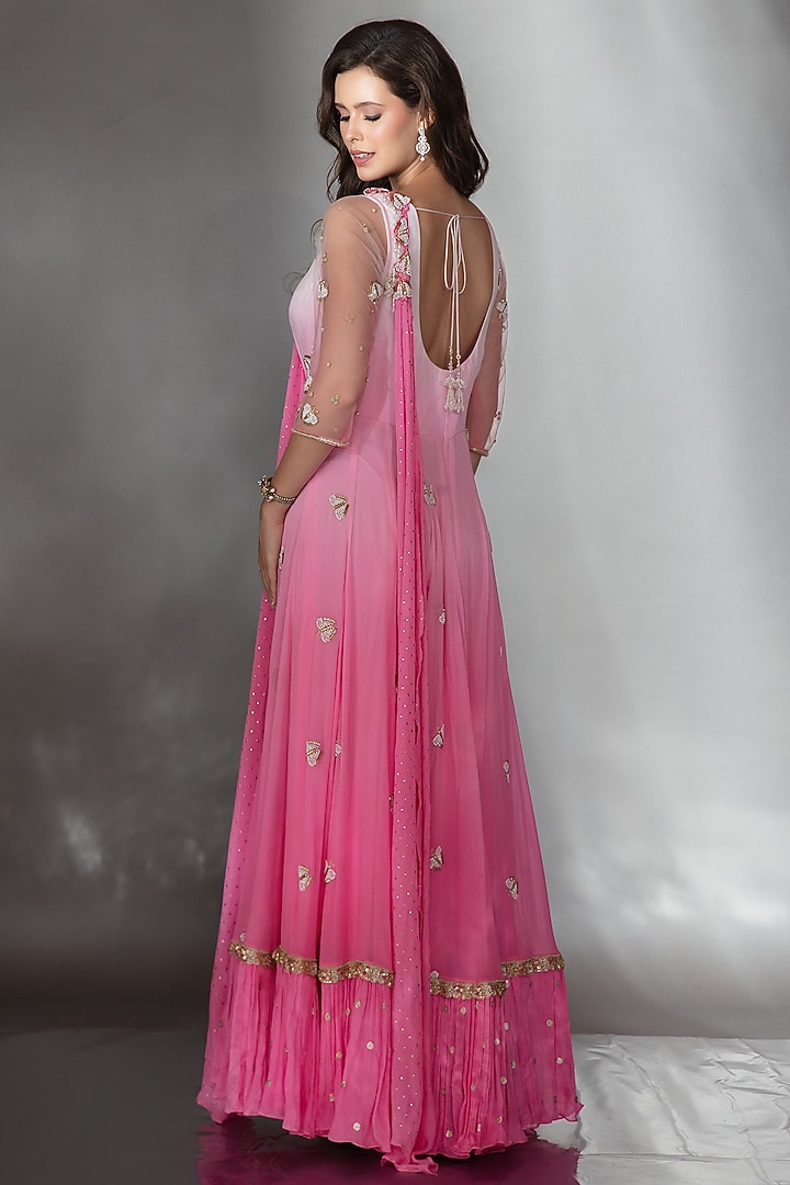 Fuchsia & Rose Pink Ombre Georgette Cutdana Embroidered Wedding Anarkali Set by Saaj By Ankita at Pernia's Pop Up Shop