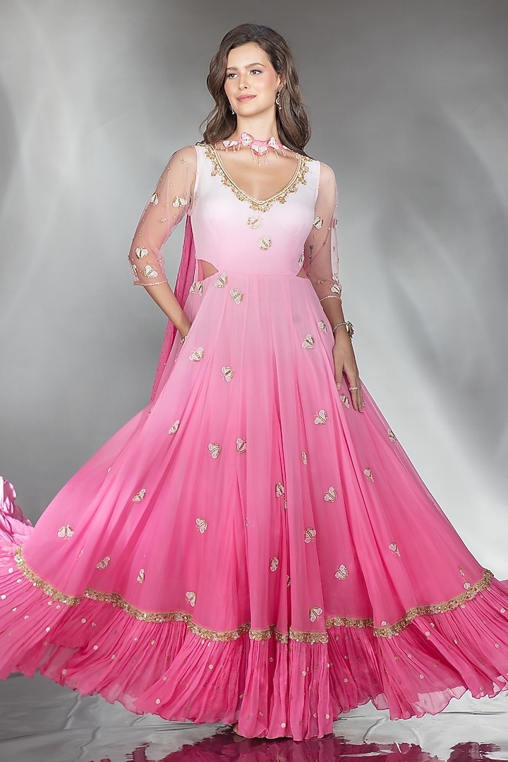 Fuchsia & Rose Pink Ombre Georgette Cutdana Embroidered Wedding Anarkali Set by Saaj By Ankita at Pernia's Pop Up Shop
