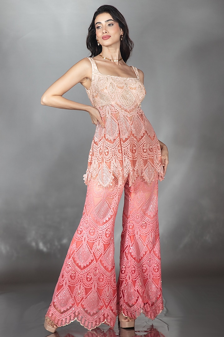 Blush Pink Ombre Tulle Pearl Embroidered Co-Ord Set by Saaj By Ankita at Pernia's Pop Up Shop