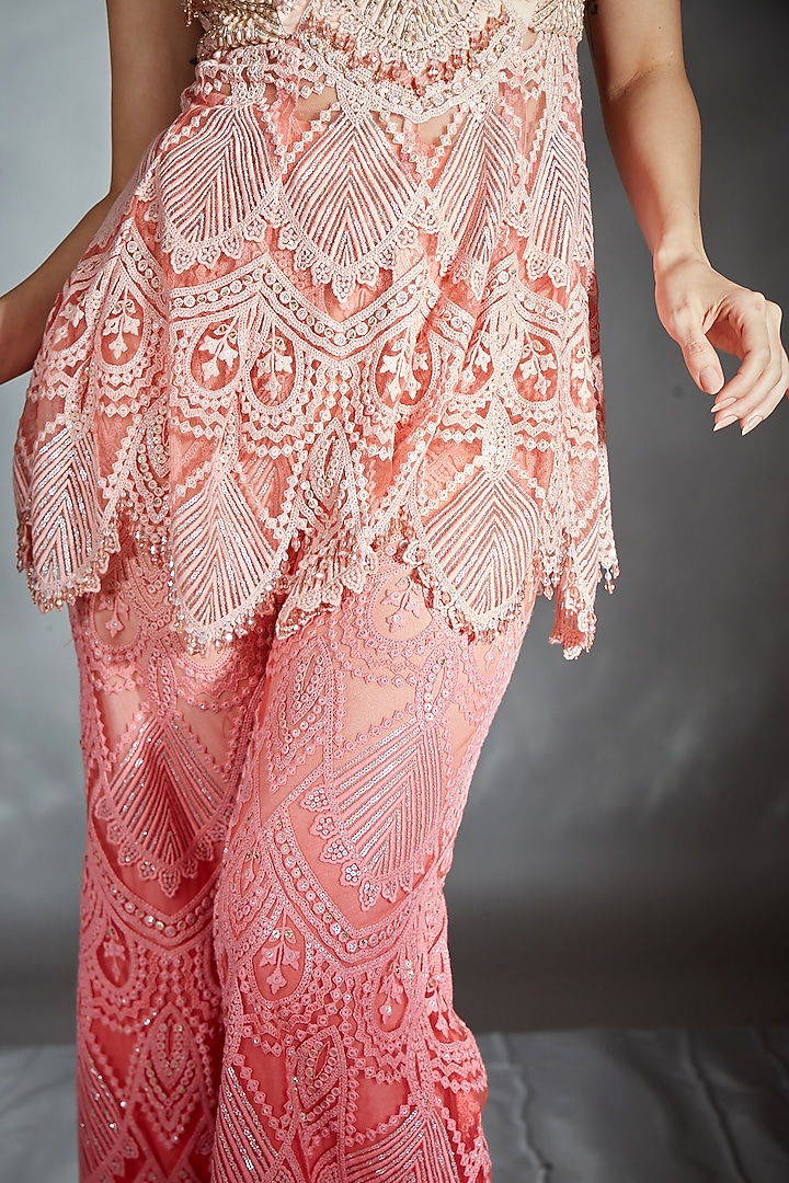 Blush Pink Ombre Tulle Pearl Embroidered Co-Ord Set by Saaj By Ankita at Pernia's Pop Up Shop