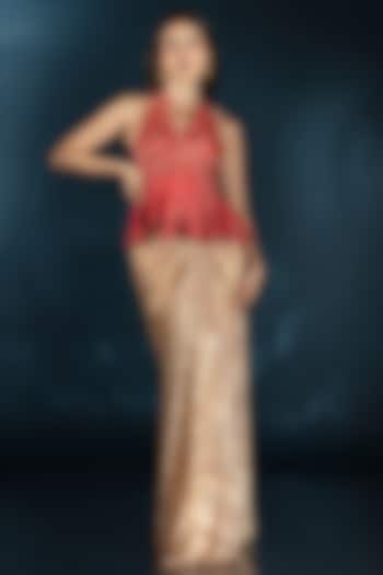 Gold Metallic Knit Pre-Draped Wedding Saree Set by Saaj By Ankita at Pernia's Pop Up Shop