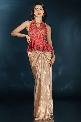 Gold Metallic Knit Pre-Draped Saree Set by Saaj By Ankita