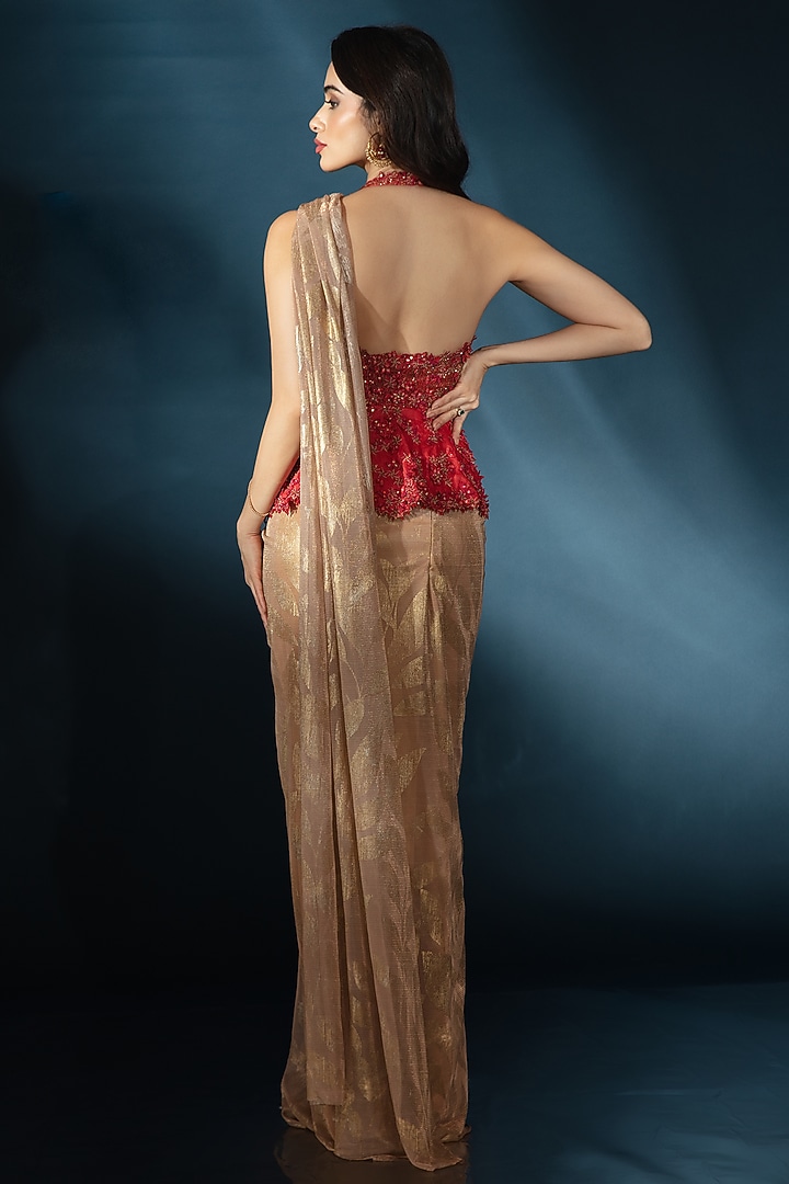 Gold Metallic Knit Pre-Draped Wedding Saree Set by Saaj By Ankita at Pernia's Pop Up Shop