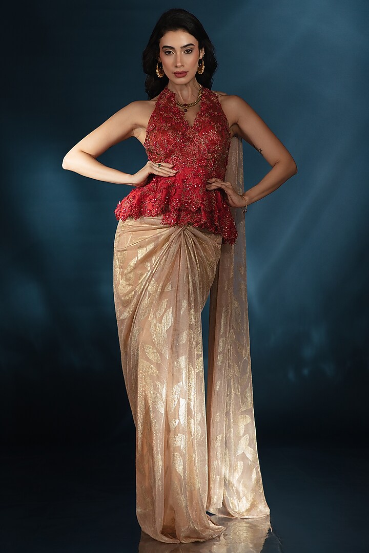 Gold Metallic Knit Pre-Draped Wedding Saree Set by Saaj By Ankita at Pernia's Pop Up Shop