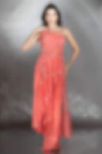 Coral Red Georgette Draped Skirt Set by Saaj By Ankita at Pernia's Pop Up Shop
