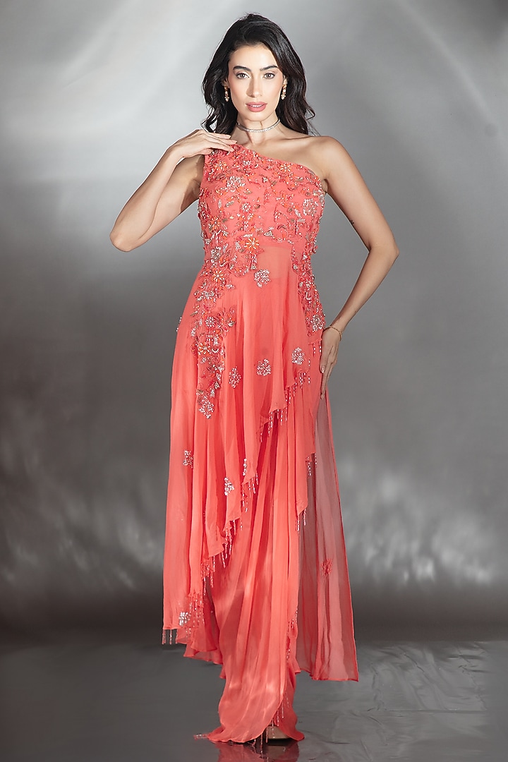Coral Red Georgette Draped Skirt Set by Saaj By Ankita at Pernia's Pop Up Shop