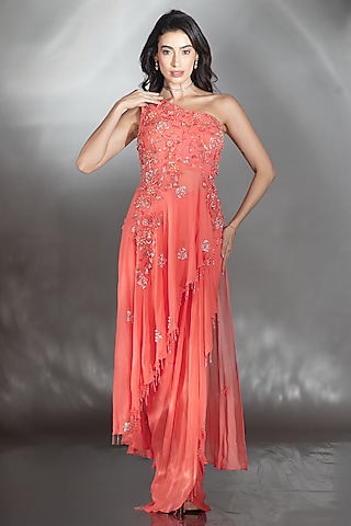 Coral Red Georgette Draped Skirt Set by Saaj By Ankita