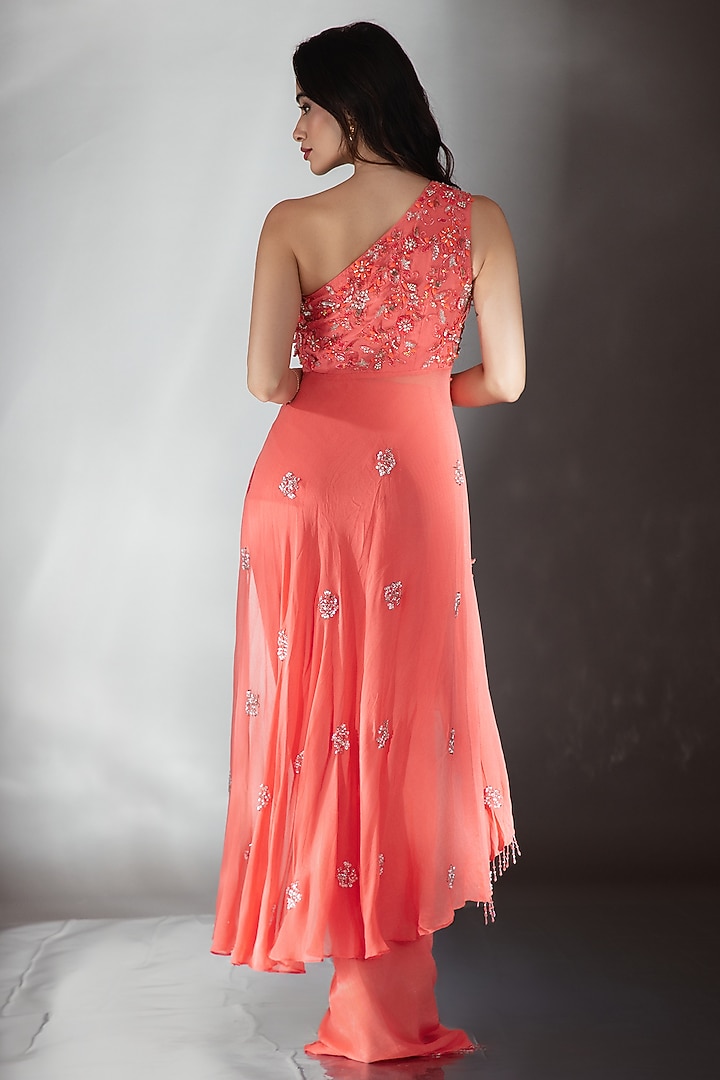 Coral Red Georgette Draped Skirt Set by Saaj By Ankita at Pernia's Pop Up Shop