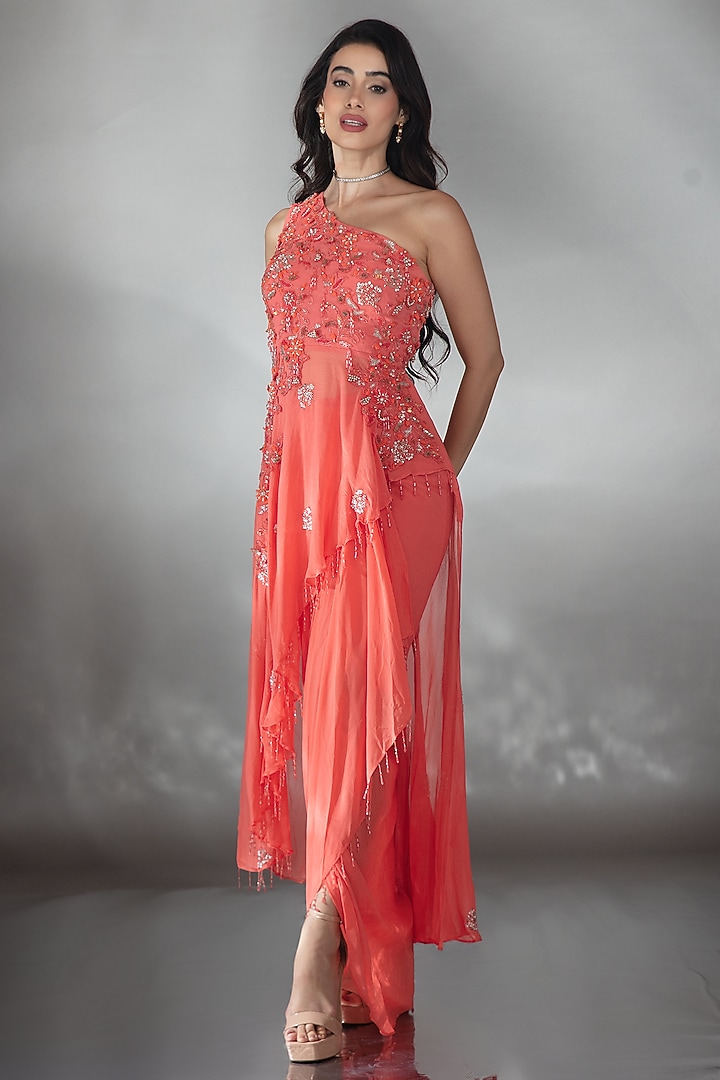 Coral Red Georgette Draped Skirt Set by Saaj By Ankita at Pernia's Pop Up Shop