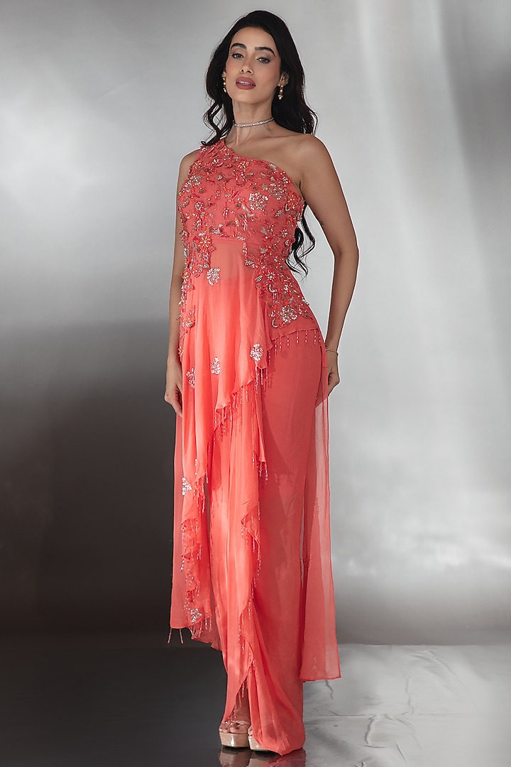 Coral Red Georgette Draped Skirt Set by Saaj By Ankita at Pernia's Pop Up Shop
