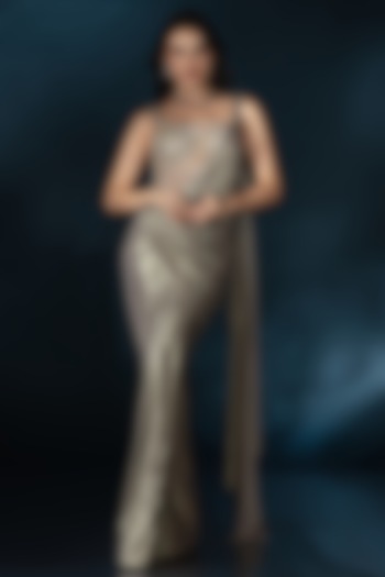 Copper Knit 3D Sequin Embroidered Wedding Gown Saree by Saaj By Ankita at Pernia's Pop Up Shop
