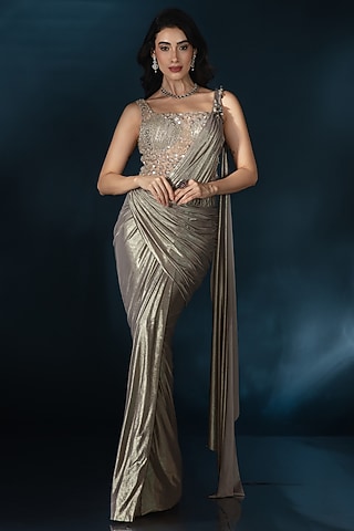 Copper Knit 3D Sequin Embroidered Gown Saree by Saaj By Ankita