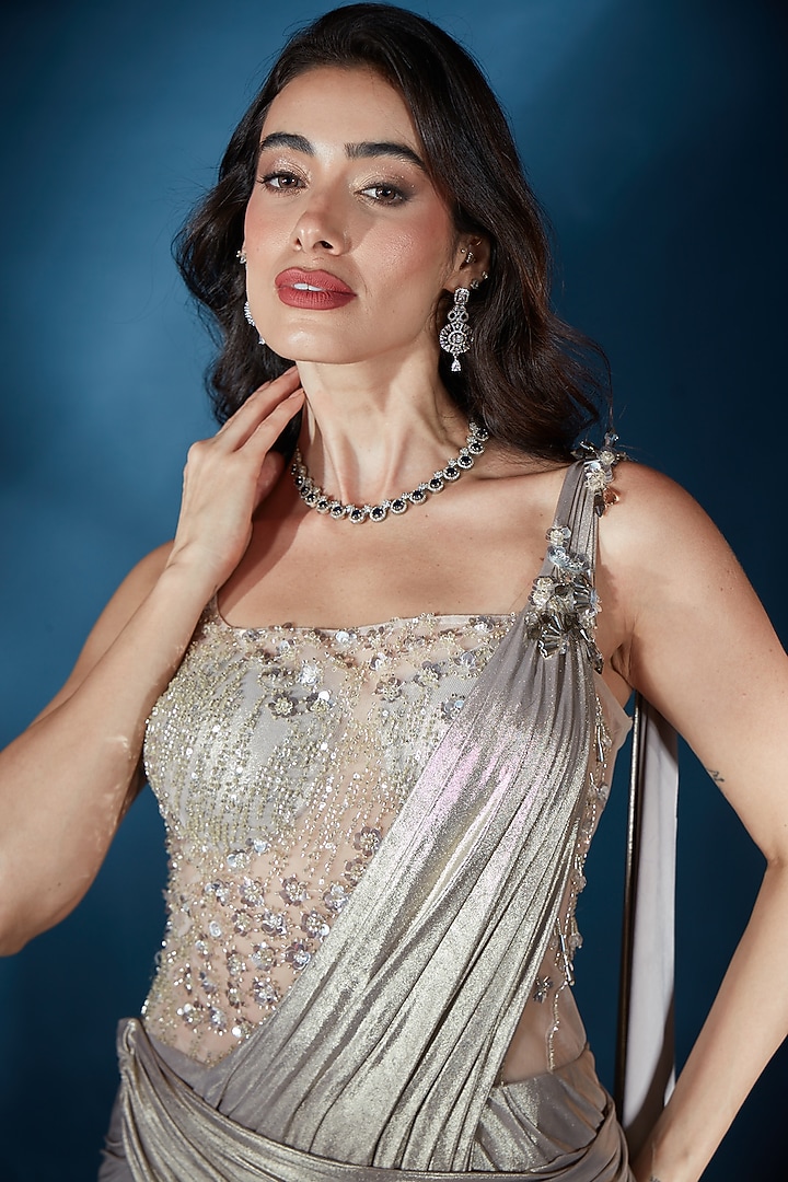 Copper Knit 3D Sequin Embroidered Wedding Gown Saree by Saaj By Ankita at Pernia's Pop Up Shop