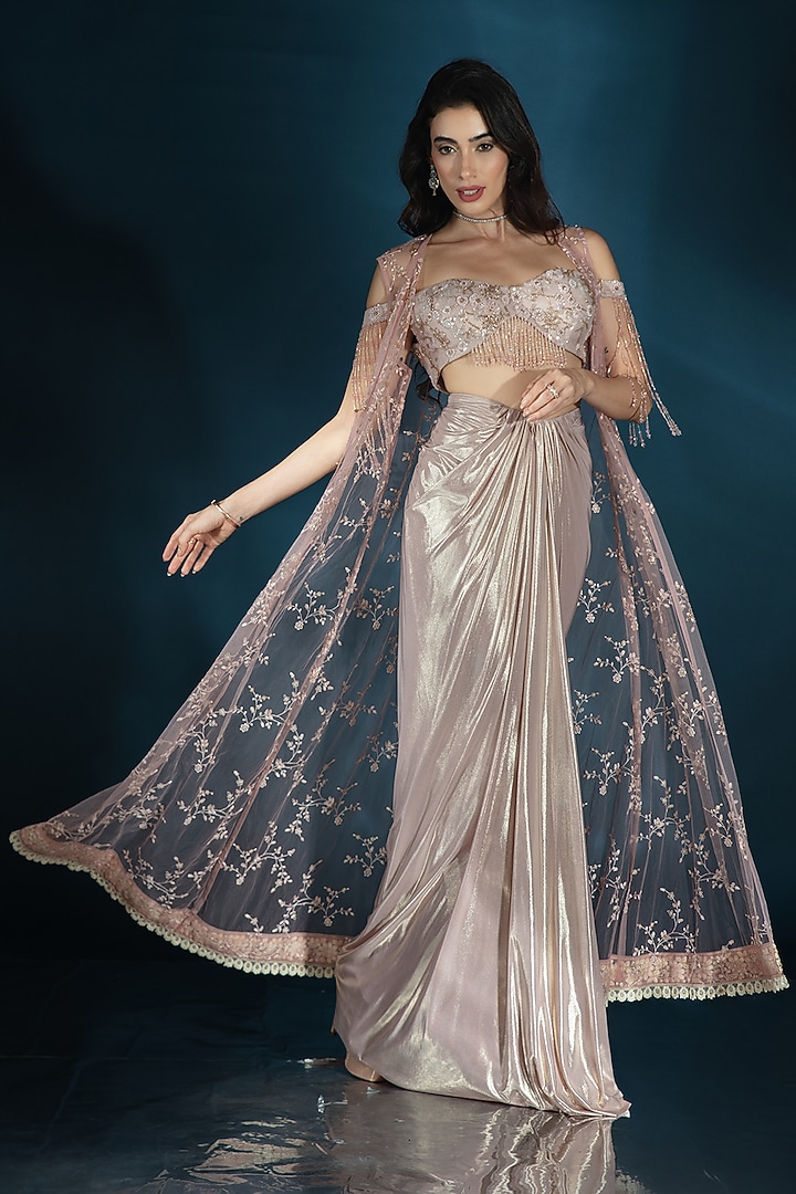 Blush Pink Knit Draped Skirt Set by Saaj By Ankita at Pernia's Pop Up Shop