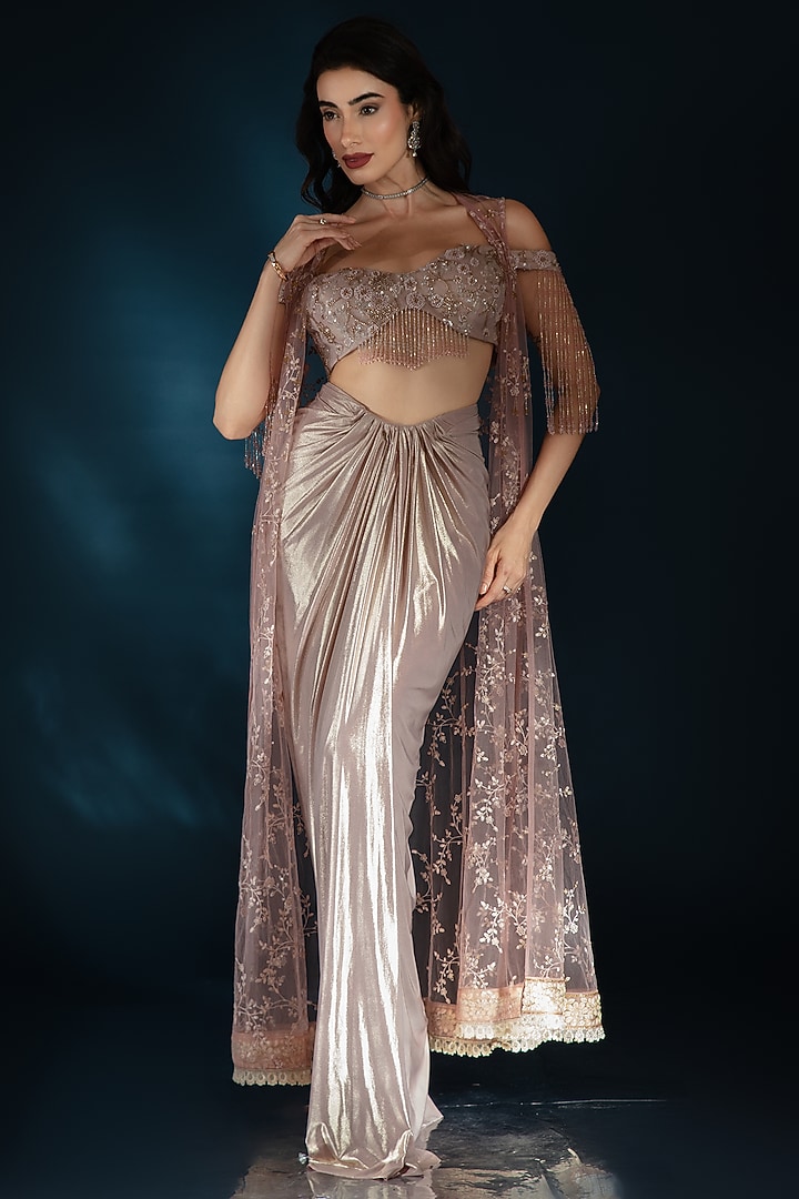 Blush Pink Knit Draped Skirt Set by Saaj By Ankita at Pernia's Pop Up Shop