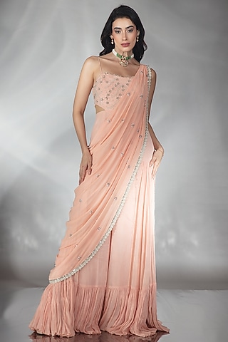 Blush Pink Georgette Floral & Pearl Embroidered Jumpsuit by Saaj By Ankita