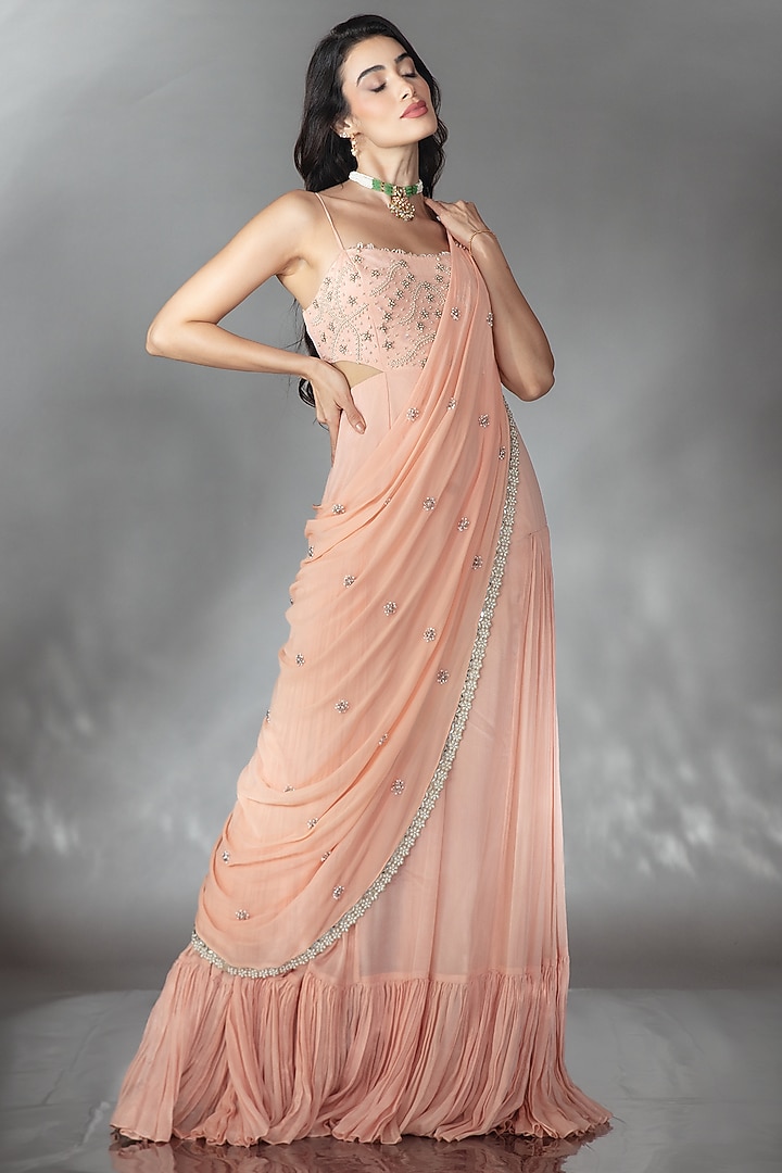 Blush Pink Georgette Floral & Pearl Embroidered Jumpsuit by Saaj By Ankita at Pernia's Pop Up Shop
