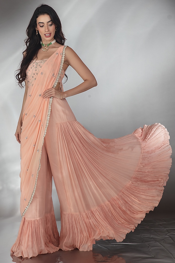 Blush Pink Georgette Floral & Pearl Embroidered Jumpsuit by Saaj By Ankita at Pernia's Pop Up Shop