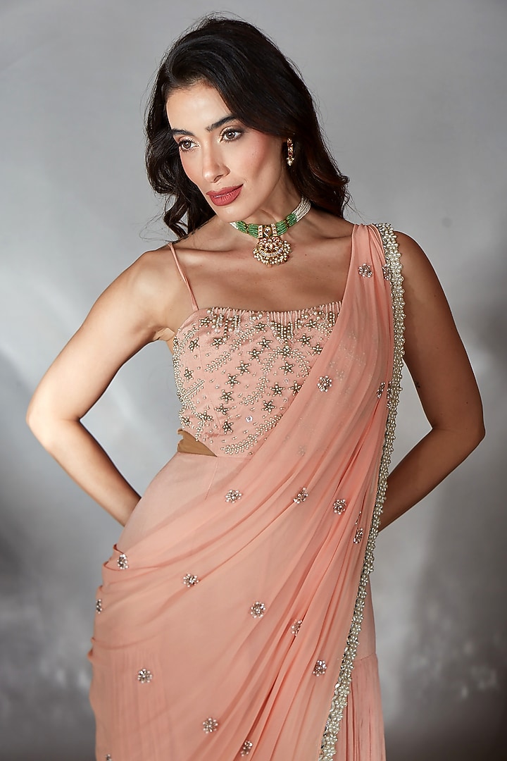 Blush Pink Georgette Floral & Pearl Embroidered Jumpsuit by Saaj By Ankita at Pernia's Pop Up Shop