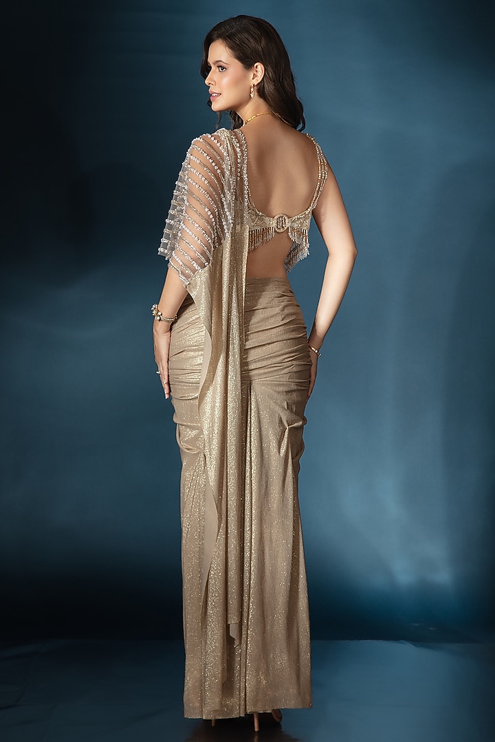 Copper Metallic Knit Pre-Draped Wedding Saree Set by Saaj By Ankita at Pernia's Pop Up Shop