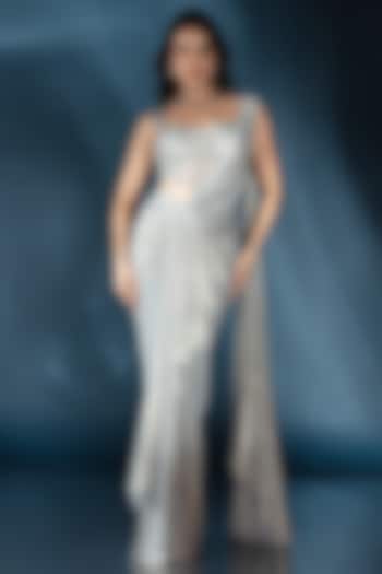 Powder Blue Knit Pre-Draped Wedding Saree Set by Saaj By Ankita at Pernia's Pop Up Shop